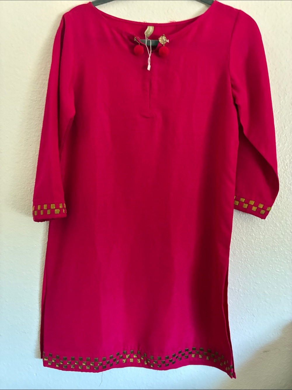 Pakistani / Indian Bright Fuchsia Shift Dress with Gold Trim. Generation